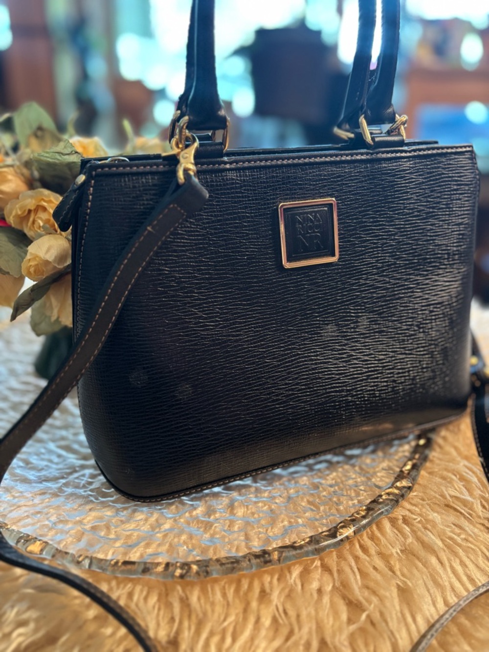🖤 Nina Ricci Black Vintage Textured Leather Top Handle Crossbody Structured Bag - Picture 4 of 17